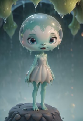 1girl,solo,looking at viewer,smile,blue eyes,dress,standing,full body,barefoot,teeth,blurry,lips,wet,eyelashes,sleeveless dress,blurry background,colored skin,leaf,monster girl,child,female child,green skin,dripping,slime (substance),open mouth,parted lips,necklace,rain,rock