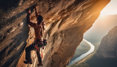 solo,black hair,1boy,holding,weapon,male focus,outdoors,shoes,pants,sword,water,holding weapon,arms up,muscular,holding sword,black pants,knife,sheath,scenery,topless male,rock,bald,river,cliff,from behind,mask,glowing,muscular male,sand