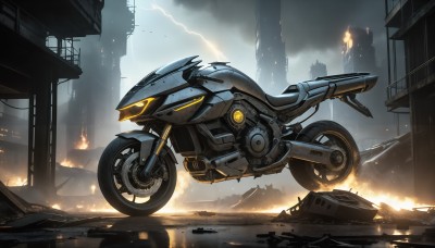 HQ,outdoors,sky,cloud,no humans,glowing,cloudy sky,fire,robot,ground vehicle,building,mecha,motor vehicle,smoke,science fiction,city,realistic,aircraft,military vehicle,electricity,car,ruins,vehicle focus,motorcycle,lightning,non-humanoid robot,sparks,scenery,rain,grey sky