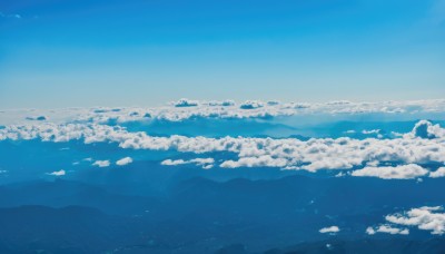 monochrome,outdoors,sky,day,cloud,blue sky,no humans,ocean,cloudy sky,scenery,blue theme,mountain,horizon,landscape,above clouds,nature,mountainous horizon,hill