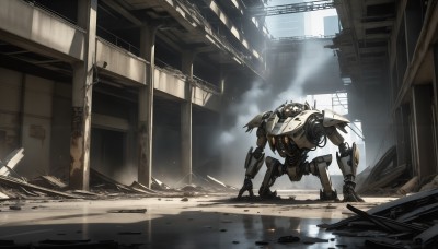 HQ,solo,no humans,window,robot,building,mecha,smoke,science fiction,realistic,ruins,damaged,dust,non-humanoid robot,rubble,glowing,sunlight,ground vehicle,scenery,light rays,one knee,debris