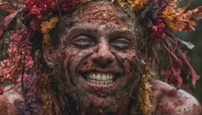 solo,looking at viewer,smile,open mouth,blue eyes,blonde hair,hair ornament,1boy,weapon,flower,male focus,teeth,hair flower,grin,blurry,depth of field,blurry background,facial hair,portrait,beard,close-up,realistic,giant,old,old man,brown hair,blood,branch,evil smile,horror (theme)