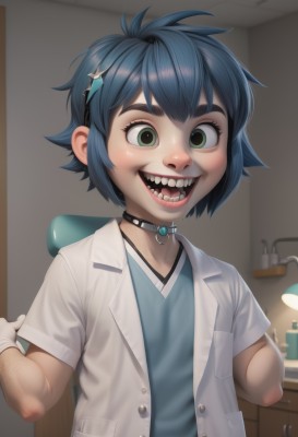 1girl,solo,looking at viewer,smile,short hair,open mouth,bangs,shirt,hair ornament,gloves,green eyes,blue hair,upper body,short sleeves,:d,teeth,choker,artist name,indoors,white gloves,signature,collar,black choker,chair,blue shirt,realistic,labcoat,female child,lamp,1boy,male focus,hairclip,thick eyebrows,sharp teeth,nose,horror (theme)