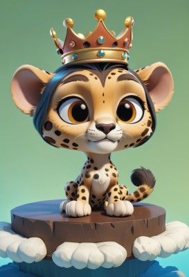 solo,looking at viewer,simple background,brown eyes,sitting,closed mouth,tail,full body,artist name,gradient,gradient background,no humans,animal,blue background,crown,freckles,green background,rock,animal focus,watermark,furry,lion,faux figurine