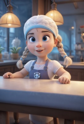 1girl,solo,long hair,looking at viewer,smile,open mouth,blue eyes,blonde hair,shirt,hat,dress,twintails,standing,white shirt,braid,short sleeves,parted lips,teeth,indoors,blurry,twin braids,window,depth of field,blurry background,white headwear,upper teeth only,table,child,female child,overalls,overall shorts,lips,thick eyebrows,aged down,plant,potted plant