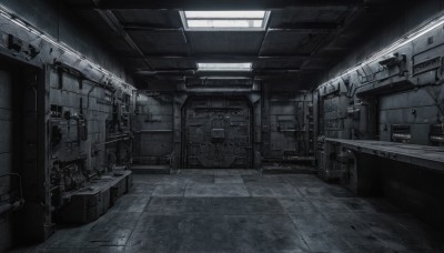 monochrome,greyscale,indoors,no humans,window,scenery,door,tiles,tile floor,locker,ceiling,hallway,ceiling light,chair,sunlight,science fiction,light rays,wooden floor,stairs,light,cable,dark,floor,industrial pipe,grey theme