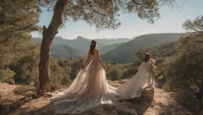 1girl,long hair,short hair,brown hair,black hair,1boy,dress,bare shoulders,sitting,standing,outdoors,sky,day,from behind,cape,white dress,tree,blue sky,see-through,back,nature,veil,scenery,forest,mountain,wedding dress,long dress,facing away,holding,artist name,rock,skirt hold,bridal veil,wide shot,bride