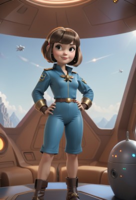 1girl,solo,breasts,looking at viewer,smile,short hair,brown hair,gloves,long sleeves,brown eyes,jewelry,closed mouth,standing,full body,earrings,small breasts,boots,sky,day,belt,cloud,signature,fingerless gloves,uniform,blue sky,lips,military,brown footwear,robot,science fiction,hands on hips,aircraft,nose,ankle boots,airplane,jumpsuit,spacecraft,airship,bangs,shorts,looking to the side,military uniform,watermark,mecha,web address