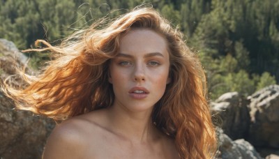 1girl,solo,long hair,looking at viewer,blonde hair,brown hair,collarbone,nude,outdoors,parted lips,teeth,day,water,blurry,tree,lips,grey eyes,floating hair,depth of field,blurry background,watermark,wavy hair,portrait,nature,forest,freckles,curly hair,rock,realistic,nose,bare shoulders,green eyes,upper body,artist name,signature,orange hair,sunlight,thick eyebrows,wind