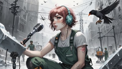 1girl,blush,short hair,bangs,blue eyes,brown hair,shirt,hair ornament,gloves,holding,sitting,green eyes,white shirt,pink hair,ahoge,short sleeves,red hair,boots,outdoors,parted lips,multiple boys,solo focus,day,black gloves,hairclip,artist name,lips,tattoo,bird,headphones,animal,ground vehicle,t-shirt,building,microphone,motor vehicle,snow,headset,single glove,freckles,snowing,overalls,cable,arm tattoo,knee pads,multiple others,badge,power lines,microphone stand,utility pole,crow,grey sky,truck,people,overcast,pigeon,open mouth,hat,sky,pants,uniform,military,squatting,rain,6+boys,city,dirty