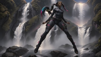 1girl,solo,long hair,breasts,black hair,long sleeves,twintails,medium breasts,standing,full body,ponytail,pink hair,braid,multicolored hair,boots,outdoors,parted lips,belt,dark skin,water,black footwear,twin braids,two-tone hair,dark-skinned female,tree,lips,bodysuit,gradient hair,from below,sunlight,nature,skin tight,forest,legs apart,light rays,black bodysuit,waterfall,cliff,dreadlocks,blue hair,streaked hair,makeup,facial mark,rock