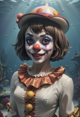 1girl,solo,breasts,looking at viewer,smile,short hair,bangs,brown hair,shirt,long sleeves,hat,dress,brown eyes,white shirt,upper body,small breasts,frills,teeth,artist name,water,grin,black eyes,lips,eyelashes,makeup,mask,watermark,sunlight,bob cut,lipstick,pale skin,web address,eyeshadow,fish,bubble,light rays,underwater,nose,red lips,air bubble,facepaint,sunbeam,mascara,coral,clown,black hair,grey eyes,jellyfish