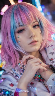 1girl,solo,looking at viewer,short hair,bangs,blue eyes,shirt,long sleeves,jewelry,blue hair,upper body,pink hair,multicolored hair,parted lips,medium hair,necklace,star (symbol),blurry,black eyes,bracelet,two-tone hair,lips,streaked hair,grey eyes,hands up,eyelashes,makeup,depth of field,blurry background,facial mark,ring,own hands together,portrait,eyeshadow,realistic,nose,mascara,teeth,artist name,nail polish,fingernails,watermark,bug,pink nails,pink lips,bokeh