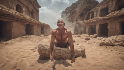 solo,1boy,sitting,collarbone,white hair,male focus,outdoors,sky,day,pants,cloud,muscular,facial hair,scar,abs,sunglasses,pectorals,muscular male,beard,topless male,rock,realistic,mustache,sand,indian style,bald,old,old man,desert,dust,cloudy sky,dirty