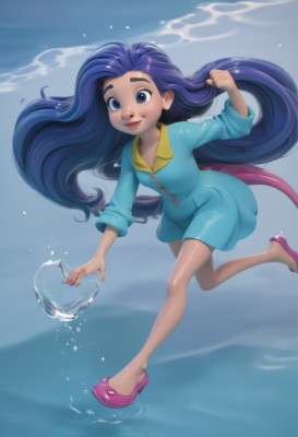 1girl,solo,long hair,smile,blue eyes,dress,very long hair,blue hair,full body,purple hair,shoes,dark skin,water,dark-skinned female,lips,blue dress,zipper,personification,bubble,underwater,air bubble,slippers,swimming,fins,pink footwear