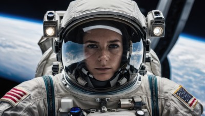 1girl,solo,looking at viewer,blue eyes,black hair,closed mouth,upper body,dark skin,helmet,portrait,freckles,reflection,science fiction,realistic,space,straight-on,planet,earth (planet),american flag,spacesuit,space helmet,astronaut,1boy,male focus,blurry,lips,expressionless,japanese flag,american flag print