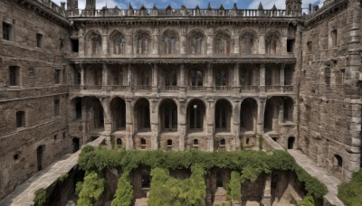 outdoors,sky,day,cloud,tree,blue sky,no humans,window,cloudy sky,grass,building,scenery,stairs,fantasy,road,architecture,ruins,bridge,arch,plant,pillar,castle,moss,column