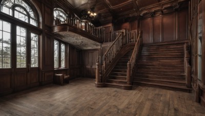 day,indoors,tree,no humans,window,sunlight,scenery,wooden floor,stairs,door,railing,architecture,pillar,ceiling,hallway,arch,chandelier,chair,table,plant,lamp,bare tree,ceiling light