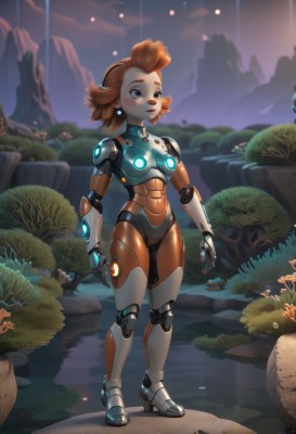 1girl,solo,blush,short hair,blue eyes,jewelry,closed mouth,standing,full body,hairband,earrings,outdoors,artist name,water,orange hair,armor,lips,night,glowing,watermark,thick eyebrows,grass,robot,freckles,science fiction,rock,arms at sides,android,joints,mushroom,cyborg,robot joints,power armor,neon trim,brown hair,brown eyes,sunlight