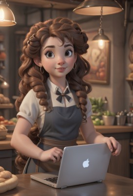 1girl,solo,long hair,looking at viewer,smile,bangs,brown hair,shirt,brown eyes,jewelry,white shirt,short sleeves,earrings,parted lips,food,collared shirt,artist name,indoors,blurry,apron,depth of field,blurry background,drill hair,thick eyebrows,freckles,curly hair,basket,computer,bread,laptop,brown apron,blush,bow,ribbon,very long hair,standing,upper body,braid,puffy sleeves,puffy short sleeves,lips,black bow,fruit,watermark,table,plant,web address,nose,shelf,light bulb,deviantart username