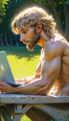 solo,1boy,navel,sitting,closed mouth,white hair,male focus,outdoors,day,pants,artist name,signature,medium hair,from side,tree,profile,muscular,facial hair,watermark,abs,table,grass,pectorals,muscular male,nature,beard,forest,topless male,mature male,realistic,nose,mustache,computer,manly,old,old man,laptop,short hair,nipples,nude,lips,leaf,sunlight,bara,curly hair,dappled sunlight