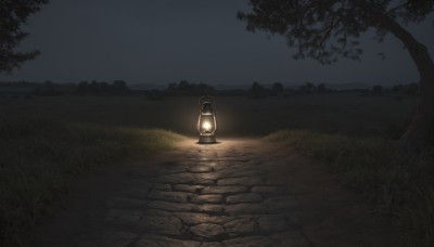 solo,holding,outdoors,sky,tree,no humans,night,grass,black background,nature,scenery,lantern,light,road,dark,path,holding lantern,artist name,fire