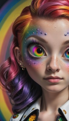 1girl,solo,long hair,looking at viewer,shirt,jewelry,closed mouth,green eyes,collarbone,pink hair,purple hair,red hair,multicolored hair,earrings,collared shirt,lips,eyelashes,gradient hair,makeup,piercing,ear piercing,portrait,web address,close-up,eyeshadow,freckles,curly hair,multicolored eyes,realistic,nose,rainbow,colorful,mascara,eye focus,rainbow hair,blush,blue eyes,artist name,orange hair,watermark,nose piercing