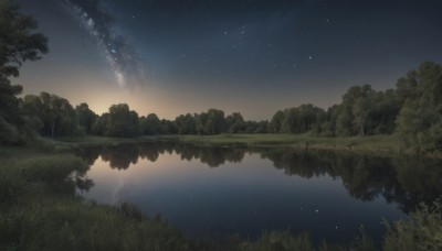 outdoors,sky,cloud,water,tree,no humans,night,grass,star (sky),nature,night sky,scenery,forest,starry sky,reflection,river,lake,landscape