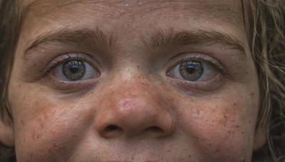 1girl,solo,looking at viewer,open mouth,brown hair,1boy,brown eyes,male focus,eyelashes,thick eyebrows,portrait,close-up,freckles,realistic,eye focus,blonde hair,yellow eyes,dirty,dirty face