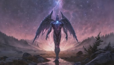 solo,1boy,standing,outdoors,wings,horns,sky,cloud,tree,no humans,night,glowing,star (sky),nature,night sky,scenery,glowing eyes,claws,forest,starry sky,black wings,monster,rock,mountain,fantasy,electricity,giant,lightning,demon,galaxy,walking,demon wings,alien