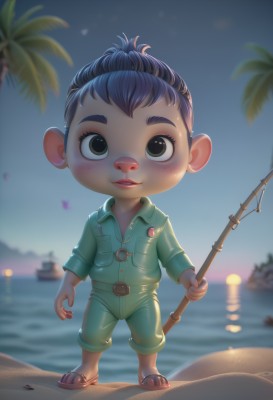 solo,looking at viewer,blush,smile,short hair,shirt,black hair,1boy,holding,animal ears,brown eyes,green eyes,blue hair,standing,full body,male focus,outdoors,parted lips,sky,teeth,belt,artist name,water,blurry,black eyes,tree,depth of field,blurry background,ocean,beach,sandals,child,furry,personification,freckles,pocket,green shirt,palm tree,furry male,watercraft,male child,boat,fishing rod,buck teeth,holding fishing rod,1girl,open mouth,uniform,military,military uniform