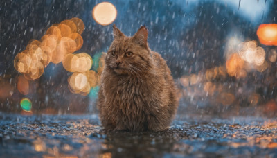 outdoors, blurry, no humans, night, depth of field, animal, cat, rain, realistic, animal focus