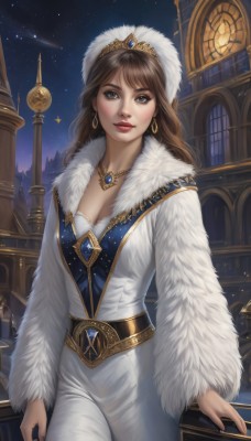 1girl,solo,long hair,breasts,looking at viewer,brown hair,long sleeves,hat,dress,cleavage,brown eyes,jewelry,medium breasts,standing,collarbone,cowboy shot,earrings,outdoors,parted lips,sky,belt,artist name,signature,necklace,white dress,lips,coat,fur trim,makeup,night,watermark,tiara,crown,lipstick,building,gem,star (sky),night sky,pendant,starry sky,gold trim,realistic,nose,clock,white coat,red lips,fur hat,tower,fur coat,balcony,clock tower,smile,bangs,sitting,window,hoop earrings,gold,shooting star