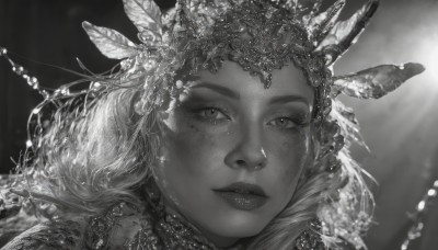 1girl,solo,long hair,looking at viewer,hair ornament,jewelry,closed mouth,monochrome,greyscale,parted lips,mole,blurry,lips,eyelashes,mole under eye,depth of field,blurry background,feathers,portrait,freckles,realistic,feather hair ornament,bug,close-up,nose