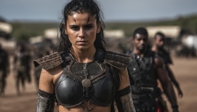 1girl,long hair,looking at viewer,black hair,jewelry,upper body,earrings,outdoors,multiple boys,solo focus,dark skin,armor,blurry,black eyes,lips,depth of field,blurry background,scar,shoulder armor,freckles,pauldrons,breastplate,realistic,chainmail,dirty,soldier