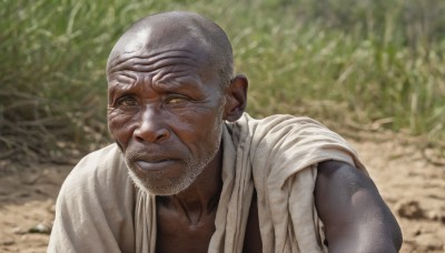 solo,looking at viewer,1boy,brown eyes,yellow eyes,upper body,male focus,outdoors,dark skin,blurry,blurry background,facial hair,dark-skinned male,beard,robe,realistic,bald,old,old man,photo background,closed mouth,day,scar,portrait,white cape,dougi,wrinkled skin