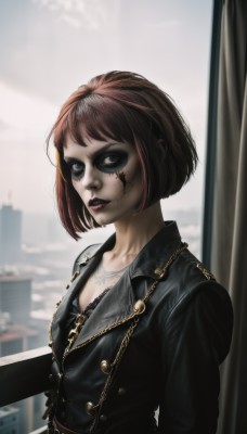 1girl,solo,breasts,looking at viewer,short hair,bangs,blue eyes,brown hair,long sleeves,cleavage,jewelry,underwear,collarbone,jacket,upper body,red hair,small breasts,parted lips,belt,necklace,bra,blurry,lips,black jacket,window,tattoo,makeup,mask,buttons,blurry background,chain,scar,bob cut,lipstick,realistic,nose,red lips,facepaint,leather,leather jacket,black hair,multicolored hair,two-tone hair,piercing,pale skin,zipper,facial tattoo,black lips