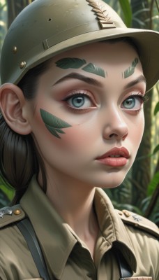 1girl,solo,long hair,looking at viewer,blue eyes,shirt,black hair,hat,closed mouth,outdoors,parted lips,day,collared shirt,artist name,blurry,uniform,lips,military,eyelashes,military uniform,blurry background,leaf,facial mark,thick eyebrows,helmet,portrait,nature,close-up,freckles,military hat,realistic,nose,red lips,brown shirt,facepaint,world war ii,soldier,blush,jacket,ponytail,teeth,signature,tattoo,depth of field,low ponytail,forest,epaulettes