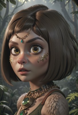 1girl,solo,looking at viewer,short hair,bangs,brown hair,brown eyes,jewelry,yellow eyes,upper body,outdoors,parted lips,artist name,necklace,blurry,tree,lips,eyelashes,makeup,blurry background,bob cut,thick eyebrows,feathers,plant,gem,portrait,nature,close-up,forest,freckles,circlet,realistic,nose,tribal,leaf,facepaint