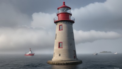 outdoors,sky,day,artist name,cloud,signature,water,military,no humans,bird,ocean,cloudy sky,scenery,watercraft,ship,waves,tower,boat,grey sky,lighthouse,horizon