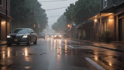 outdoors,sky,cloud,water,tree,no humans,window,night,ground vehicle,building,scenery,motor vehicle,reflection,rain,sign,car,road,bush,house,vehicle focus,power lines,lamppost,street,utility pole,puddle,watermark,cloudy sky,plant