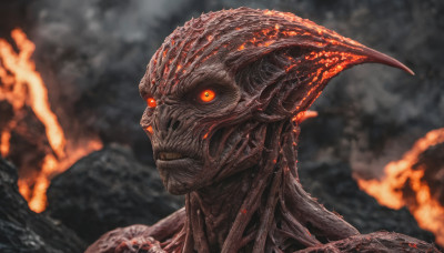 solo, red eyes, closed mouth, orange eyes, no humans, glowing, fire, glowing eyes, monster, scales, molten rock, kaijuu