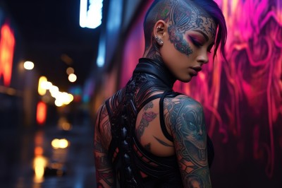 1girl,solo,short hair,bare shoulders,jewelry,closed mouth,closed eyes,upper body,earrings,looking back,dark skin,from behind,blurry,dark-skinned female,tattoo,makeup,blurry background,piercing,lipstick,ear piercing,eyeshadow,arm tattoo,very short hair,shoulder tattoo,undercut,cyborg,cyberpunk,neck tattoo,back tattoo,nose piercing,neon lights,breasts,purple hair,lips,nose,facial tattoo,eyebrow piercing