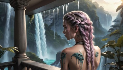 1girl,solo,long hair,bare shoulders,brown eyes,jewelry,upper body,pink hair,braid,multicolored hair,earrings,outdoors,wings,choker,dark skin,water,from behind,tree,wet,single braid,tattoo,profile,back,looking away,piercing,sunlight,plant,nature,scenery,fantasy,pillar,waterfall,purple hair,nude,looking back,artist name,necklace,twin braids,lips,bird,leaf,ear piercing,nose,dripping,dreadlocks,tribal,multiple braids