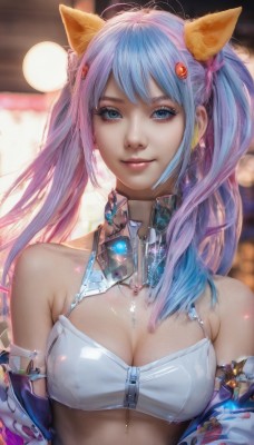 1girl,solo,long hair,breasts,looking at viewer,smile,bangs,blue eyes,hair ornament,animal ears,cleavage,bare shoulders,twintails,jewelry,medium breasts,closed mouth,blue hair,upper body,pink hair,multicolored hair,open clothes,cat ears,off shoulder,bra,blurry,two-tone hair,lips,fox ears,eyelashes,gradient hair,makeup,blurry background,realistic,nose,purple hair,detached sleeves,artist name,depth of field,science fiction,pink lips,bokeh,cyberpunk