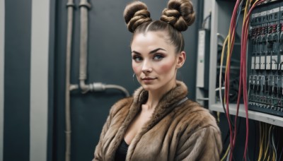 1girl,solo,breasts,looking at viewer,blue eyes,brown hair,shirt,cleavage,closed mouth,jacket,upper body,braid,hair bun,blurry,lips,coat,fur trim,double bun,blurry background,forehead,brown jacket,injury,realistic,nose,cable,dirty,bruise,cyberpunk,smile,blonde hair,medium breasts,multicolored hair,mole,two-tone hair,makeup,science fiction