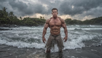 solo,looking at viewer,short hair,brown hair,1boy,navel,nipples,male focus,outdoors,sky,pants,cloud,water,tree,wet,muscular,facial hair,ocean,scar,beach,abs,cloudy sky,pectorals,muscular male,nature,bara,beard,wading,forest,large pectorals,rain,topless male,mature male,realistic,manly,chest hair,waves,navel hair,arm hair,hairy,black hair,closed mouth,dark skin,stomach,torn clothes,tattoo,dark-skinned male