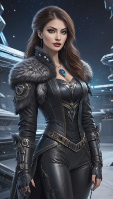 1girl,solo,long hair,breasts,looking at viewer,brown hair,gloves,cleavage,brown eyes,jewelry,medium breasts,standing,jacket,cowboy shot,earrings,sky,black gloves,belt,pants,fingerless gloves,necklace,nail polish,mole,lips,coat,fur trim,bodysuit,makeup,night,black pants,lipstick,gem,black nails,pendant,eyeshadow,nose,arms at sides,red lips,eyeliner,outdoors,artist name,black jacket,star (sky),night sky,starry sky,realistic,leather,black lips