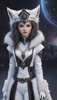 1girl,solo,long hair,looking at viewer,black hair,gloves,long sleeves,hat,animal ears,brown eyes,jewelry,closed mouth,standing,cowboy shot,sky,belt,pants,artist name,white gloves,signature,hood,black eyes,lips,coat,fur trim,makeup,lipstick,brooch,gem,star (sky),eyeshadow,starry sky,realistic,white pants,nose,arms at sides,white coat,winter clothes,red lips,space,fur-trimmed coat,planet,earth (planet),fur coat