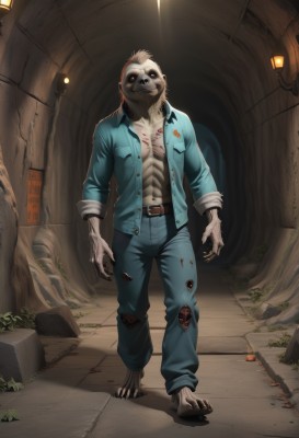 solo,looking at viewer,smile,shirt,red eyes,1boy,navel,standing,jacket,full body,male focus,open clothes,barefoot,belt,pants,torn clothes,open shirt,blood,glowing,abs,denim,glowing eyes,claws,furry,furry male,horror (theme),open jacket,no humans,muscular,colored skin,watermark,blue jacket,zombie,torn pants